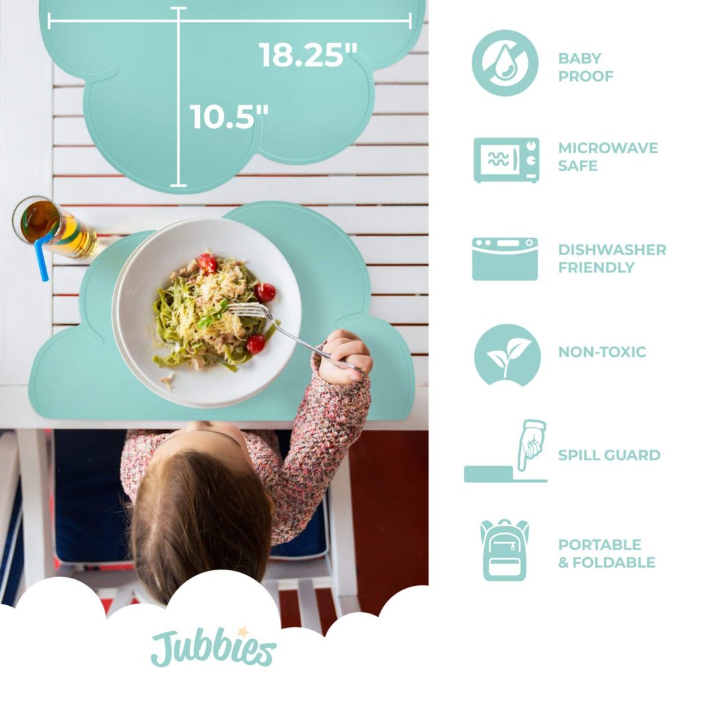 Jubbies Silicone Placemats Features List Reusable Non Slip Baby Proof Microwave Safe Dishwasher Friendly Non Toxic Spill Guard and Portable